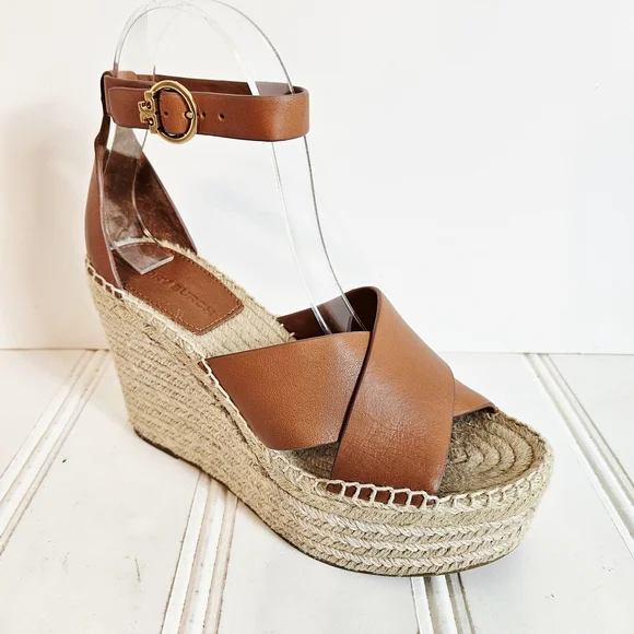 Tory Burch Selby 105 Wedge Espadrille Sandals 6.5 Leather Platform Logo Buckle - Picture 1 of 14